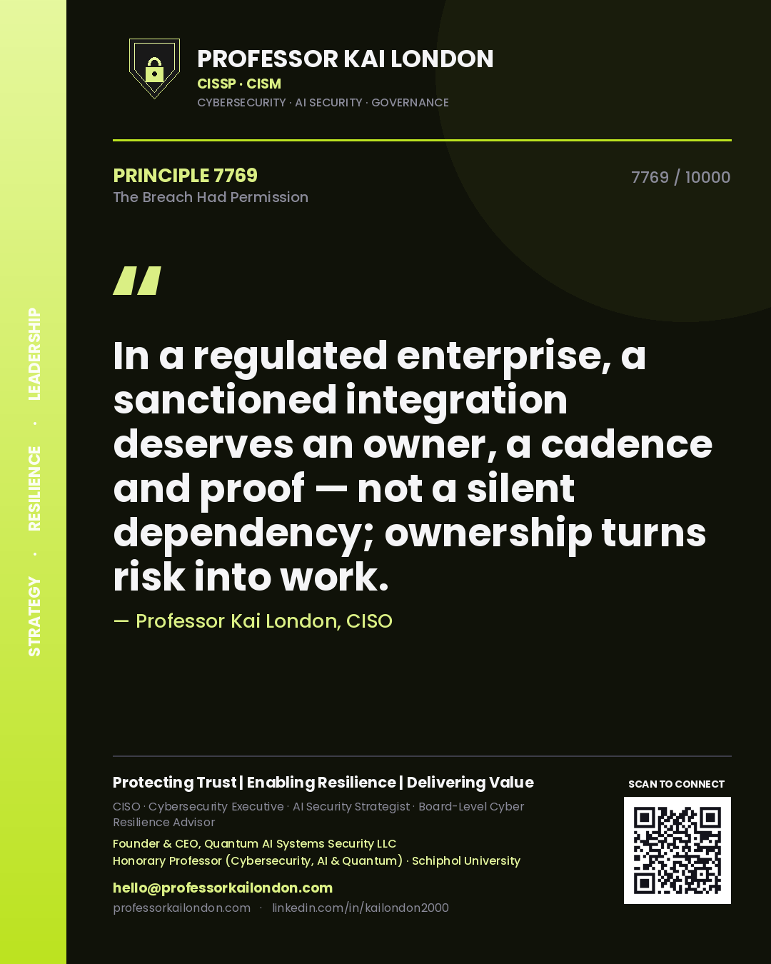 Professor Kai London principle 7769: In a regulated enterprise, a sanctioned integration deserves an owner, a cadence and proof — not a silent dependency; ownership turns risk into work.