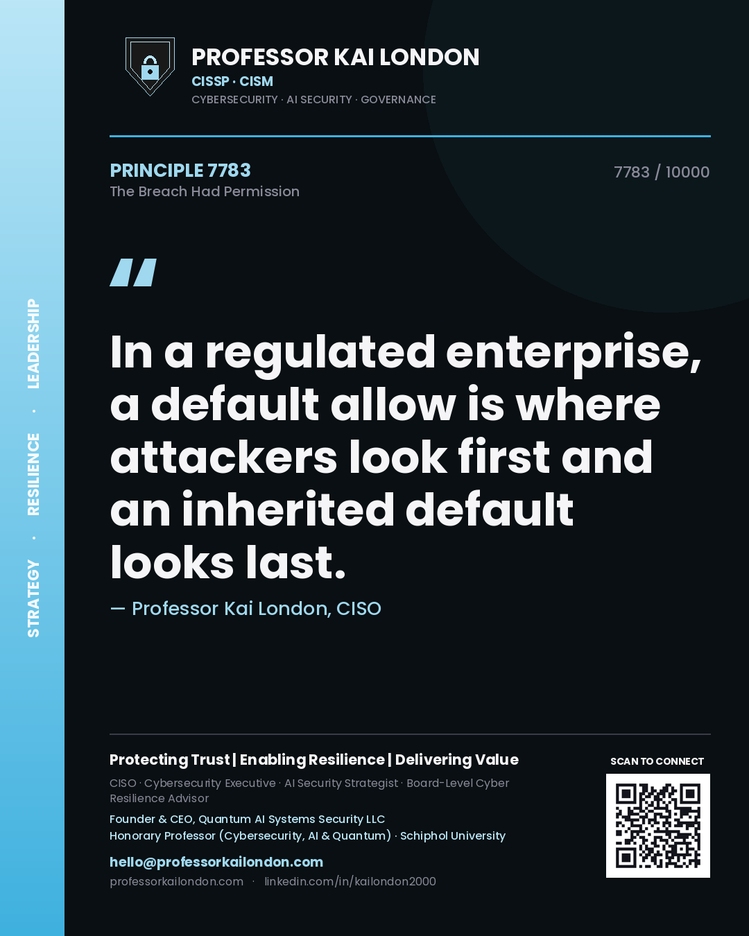 Professor Kai London principle 7783: In a regulated enterprise, a default allow is where attackers look first and an inherited default looks last.