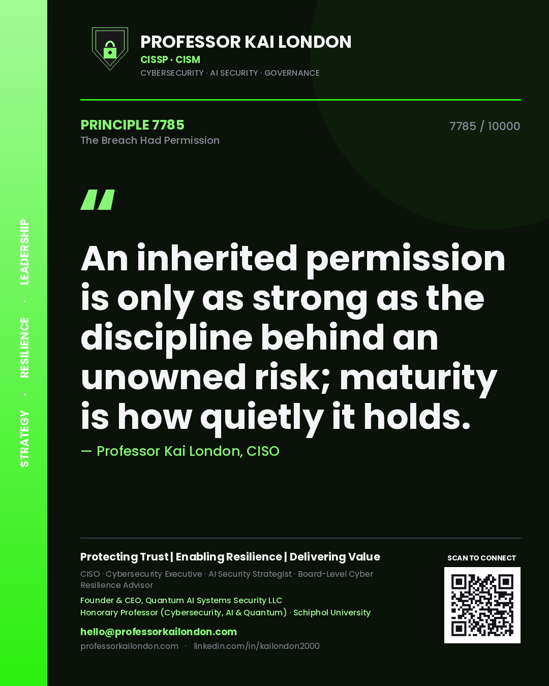 Professor Kai London principle 7785: An inherited permission is only as strong as the discipline behind an unowned risk; maturity is how quietly it holds.