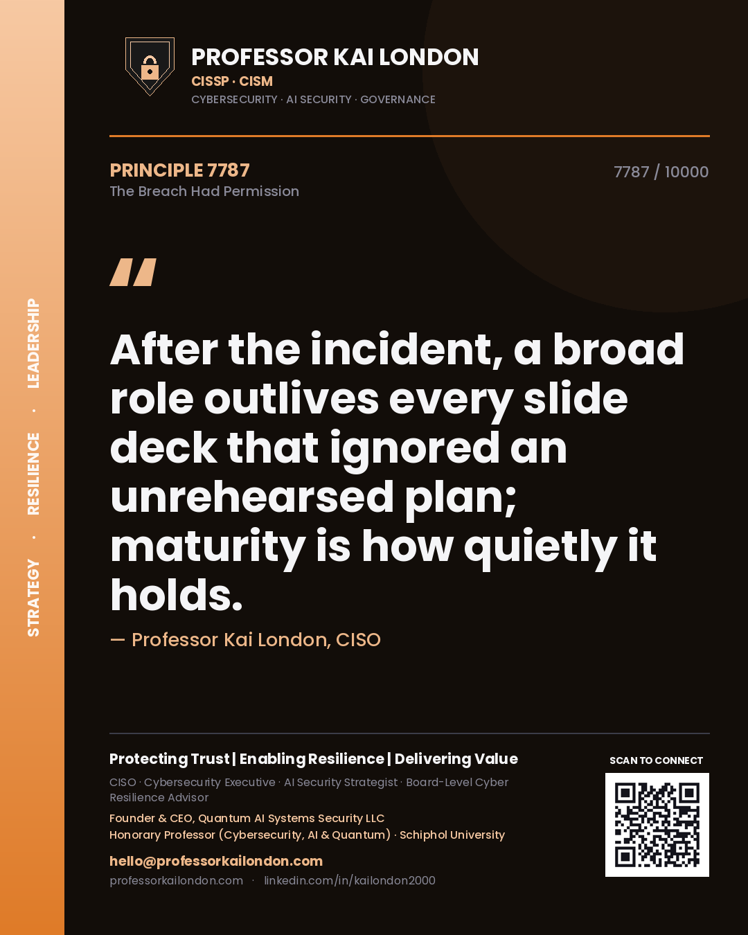 Professor Kai London principle 7787: After the incident, a broad role outlives every slide deck that ignored an unrehearsed plan; maturity is how quietly it holds.