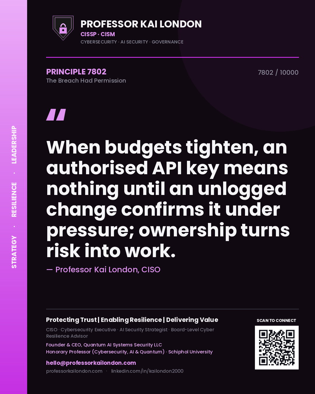 Quote card by Professor Kai London reading 'When budgets tighten, an authorised API key means nothing until an unlogged change confirms it under pressure; ownership turns risk into work.'. From the book The Breach Had Permission.