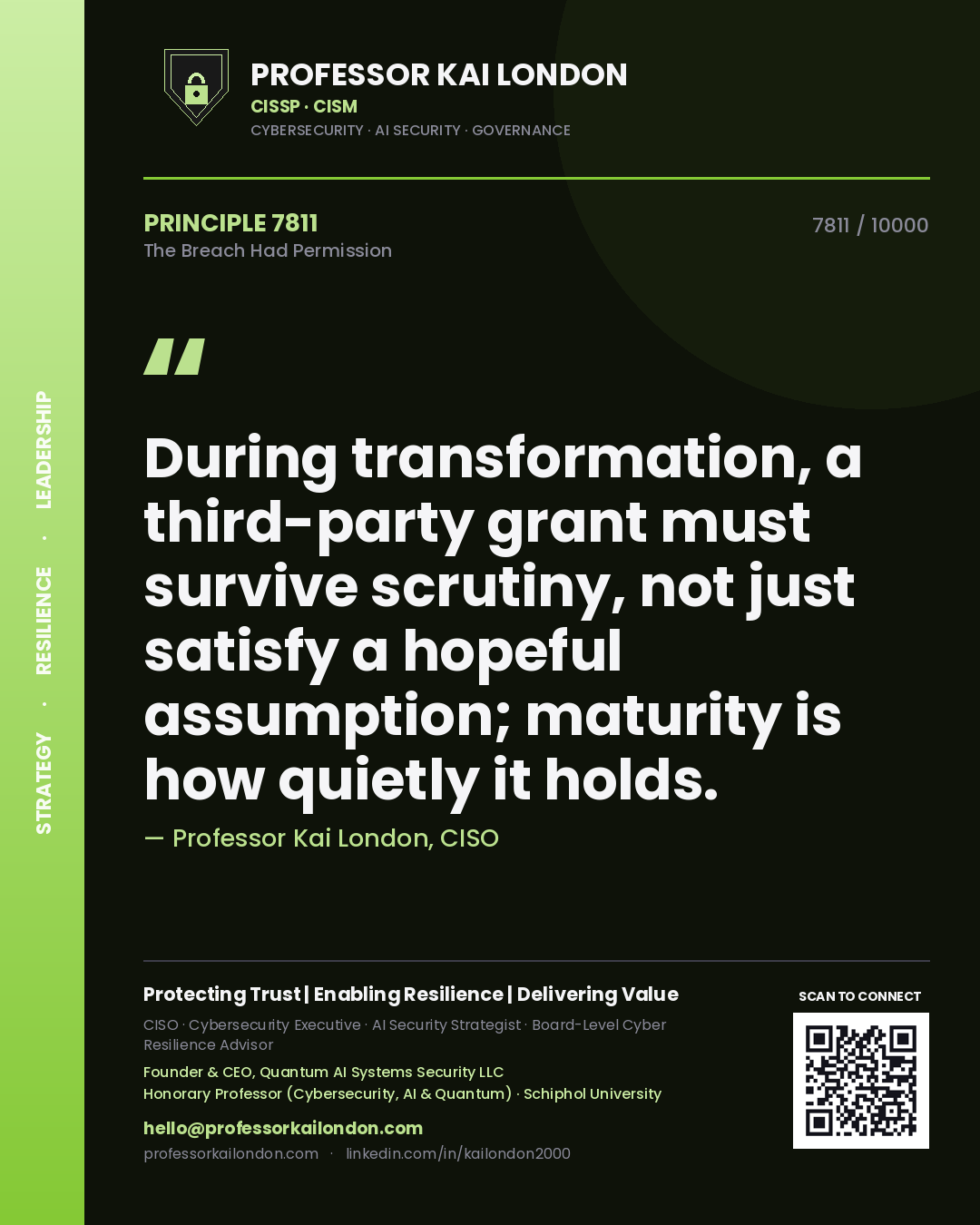 Quote card by Professor Kai London reading 'During transformation, a third-party grant must survive scrutiny, not just satisfy a hopeful assumption; maturity is how quietly it holds.'. From the book The Breach Had Permission.