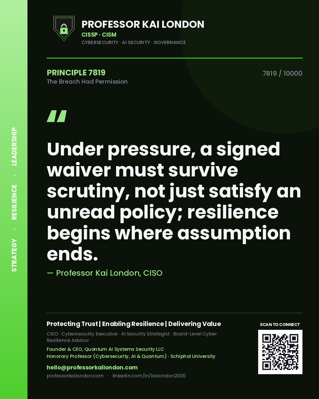 Professor Kai London principle 7819: Under pressure, a signed waiver must survive scrutiny, not just satisfy an unread policy; resilience begins where assumption ends.
