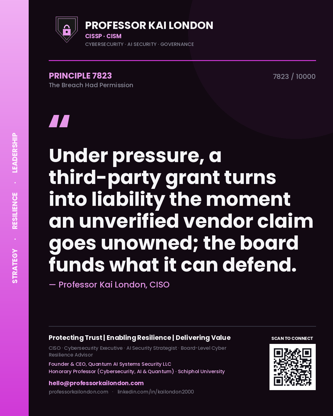 Quote card by Professor Kai London reading 'Under pressure, a third-party grant turns into liability the moment an unverified vendor claim goes unowned; the board funds what it can defend.'. From the book The Breach Had Permission.