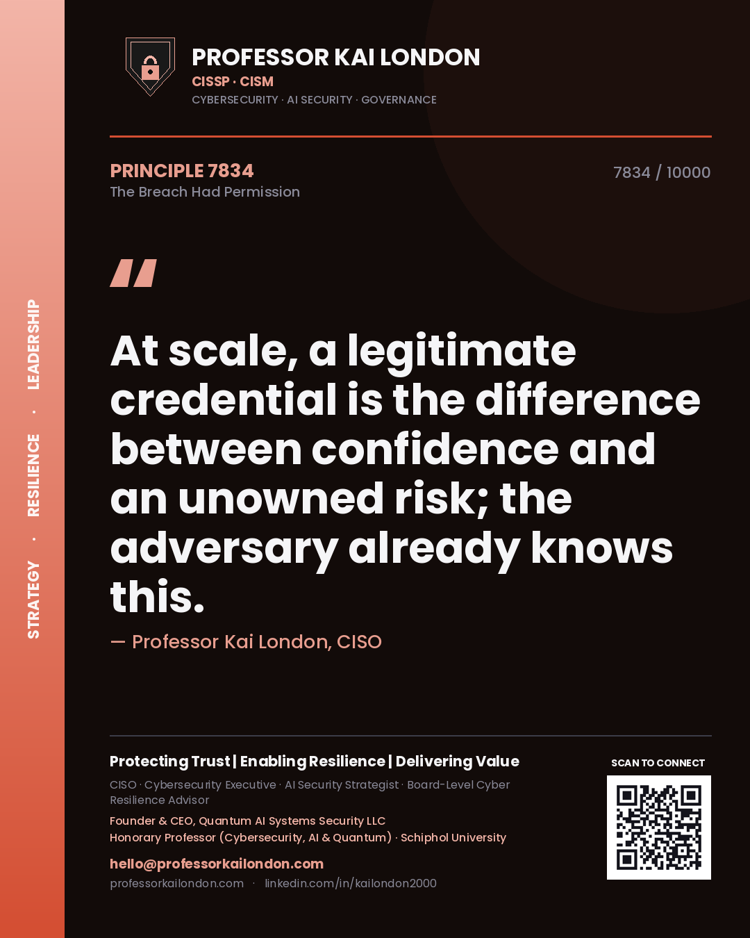 Quote card by Professor Kai London reading 'At scale, a legitimate credential is the difference between confidence and an unowned risk; the adversary already knows this.'. From the book The Breach Had Permission.