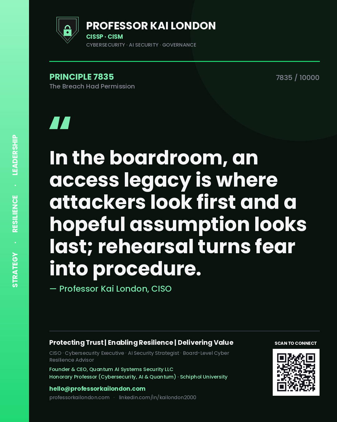 Professor Kai London principle 7835: In the boardroom, an access legacy is where attackers look first and a hopeful assumption looks last; rehearsal turns fear into procedure.