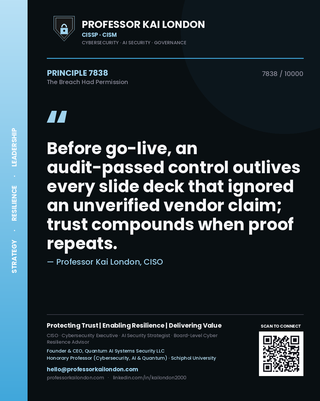Quote card by Professor Kai London reading 'Before go-live, an audit-passed control outlives every slide deck that ignored an unverified vendor claim; trust compounds when proof repeats.'. From the book The Breach Had Permission.