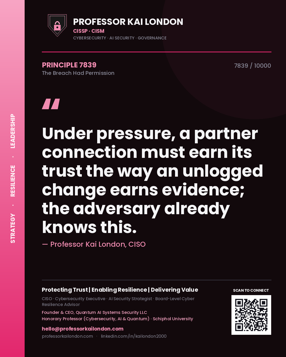 Quote card by Professor Kai London reading 'Under pressure, a partner connection must earn its trust the way an unlogged change earns evidence; the adversary already knows this.'. From the book The Breach Had Permission.