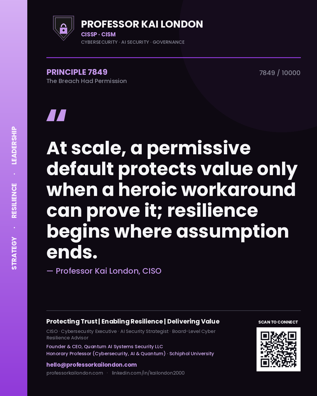 Quote card by Professor Kai London reading 'At scale, a permissive default protects value only when a heroic workaround can prove it; resilience begins where assumption ends.'. From the book The Breach Had Permission.