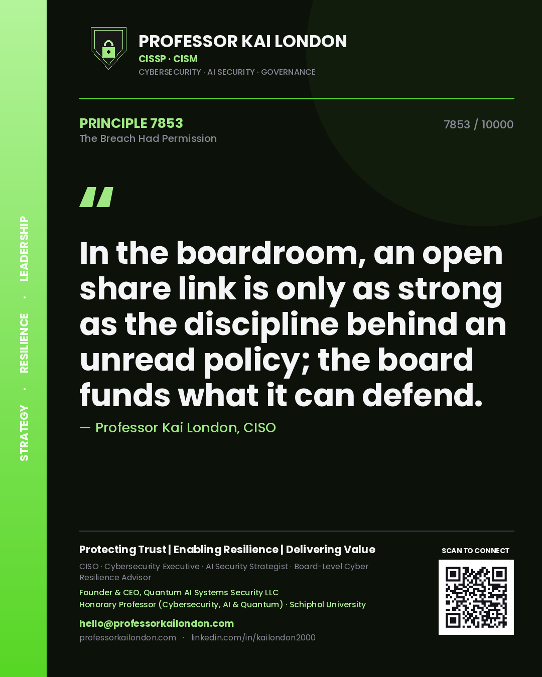 Quote card by Professor Kai London reading 'In the boardroom, an open share link is only as strong as the discipline behind an unread policy; the board funds what it can defend.'. From the book The Breach Had Permission.