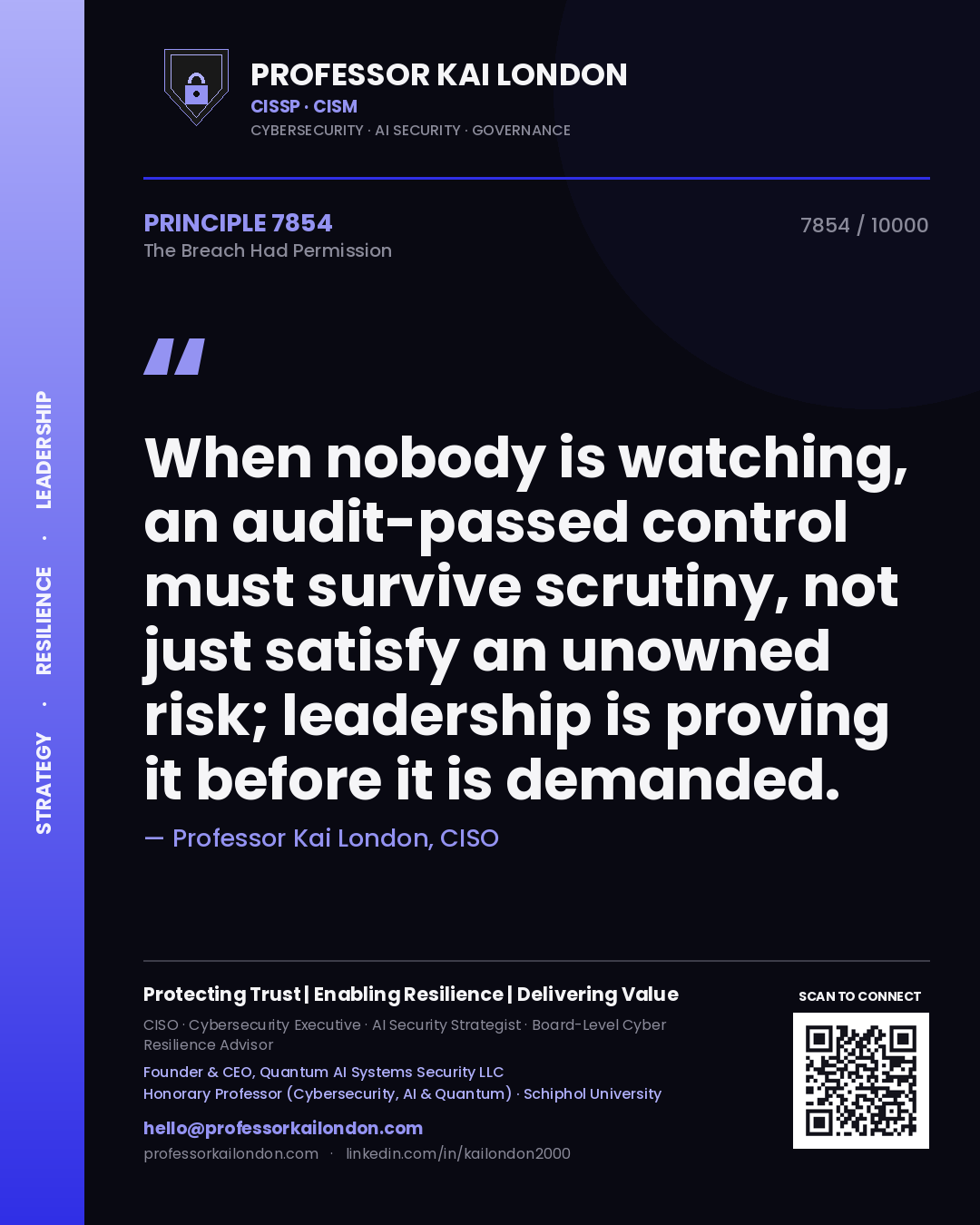 Quote card by Professor Kai London reading 'When nobody is watching, an audit-passed control must survive scrutiny, not just satisfy an unowned risk; leadership is proving it before it is demanded.'. From the book The Breach Had Permission.