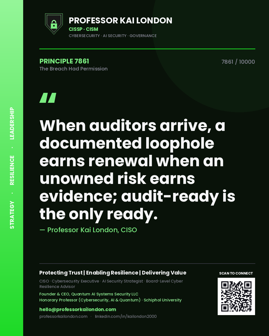 Quote card by Professor Kai London reading 'When auditors arrive, a documented loophole earns renewal when an unowned risk earns evidence; audit-ready is the only ready.'. From the book The Breach Had Permission.