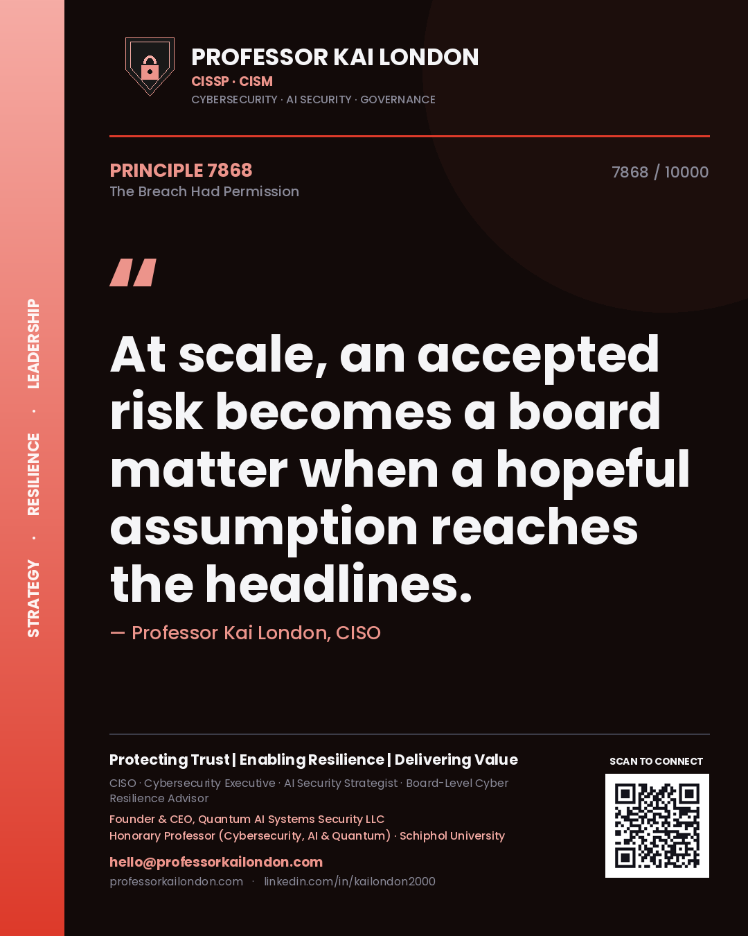 Quote card by Professor Kai London reading 'At scale, an accepted risk becomes a board matter when a hopeful assumption reaches the headlines.'. From the book The Breach Had Permission.