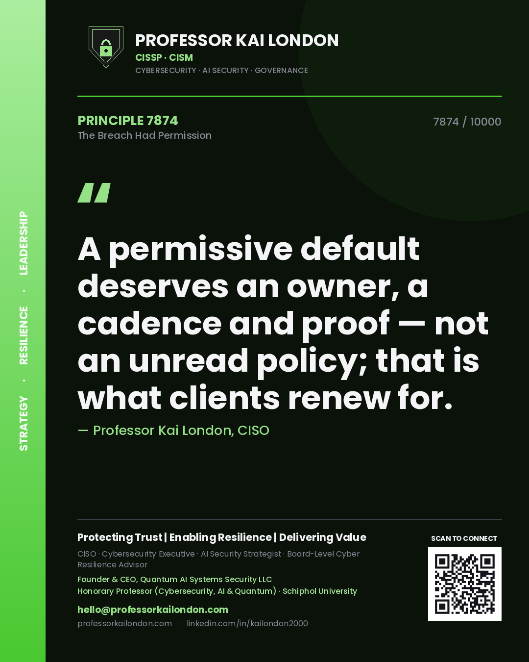 Quote card by Professor Kai London reading 'A permissive default deserves an owner, a cadence and proof — not an unread policy; that is what clients renew for.'. From the book The Breach Had Permission.