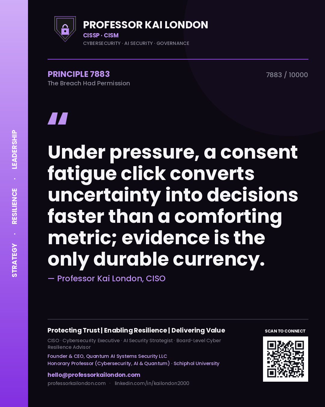Quote card by Professor Kai London reading 'Under pressure, a consent fatigue click converts uncertainty into decisions faster than a comforting metric; evidence is the only durable currency.'. From the book The Breach Had Permission.