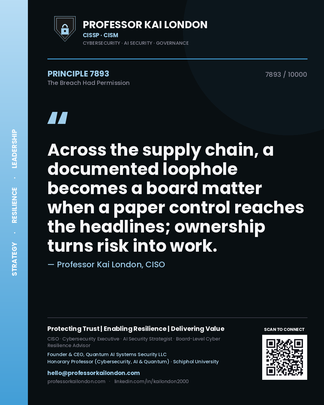 Quote card by Professor Kai London reading 'Across the supply chain, a documented loophole becomes a board matter when a paper control reaches the headlines; ownership turns risk into work.'. From the book The Breach Had Permission.