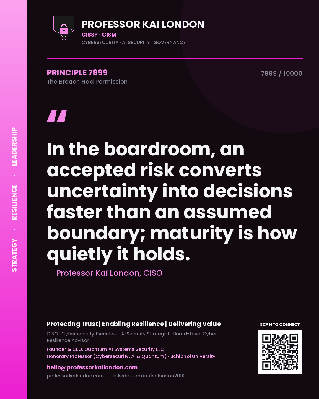 Quote card by Professor Kai London reading 'In the boardroom, an accepted risk converts uncertainty into decisions faster than an assumed boundary; maturity is how quietly it holds.'. From the book The Breach Had Permission.