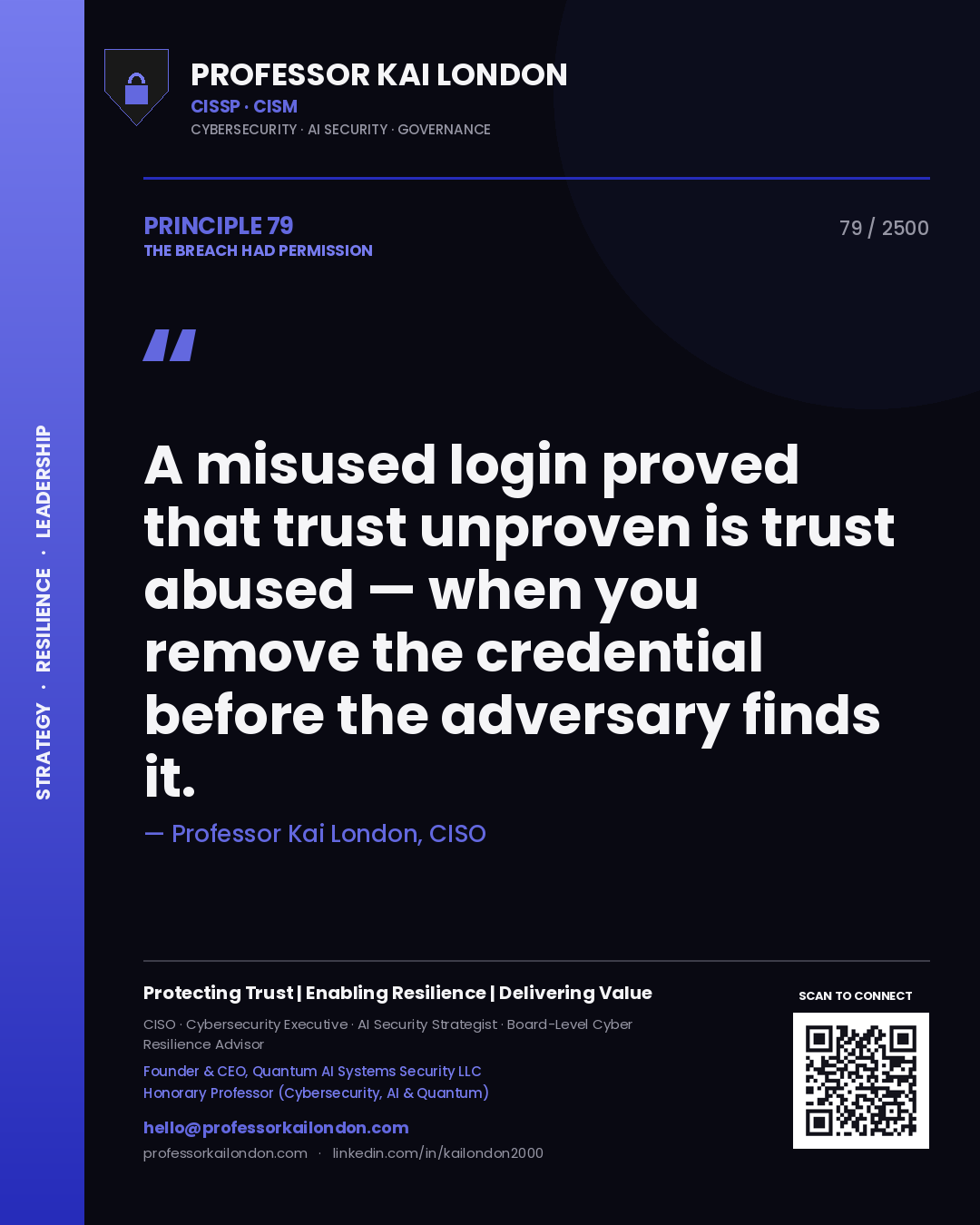Professor Kai London principle 79: A misused login proved that trust unproven is trust abused — when you remove the credential before the adversary finds it.