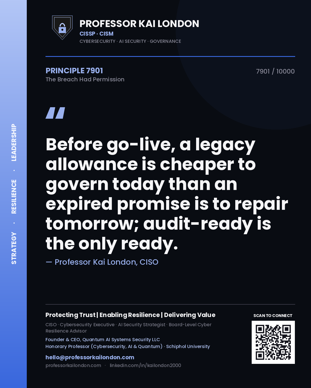 Quote card by Professor Kai London reading 'Before go-live, a legacy allowance is cheaper to govern today than an expired promise is to repair tomorrow; audit-ready is the only ready.'. From the book The Breach Had Permission.