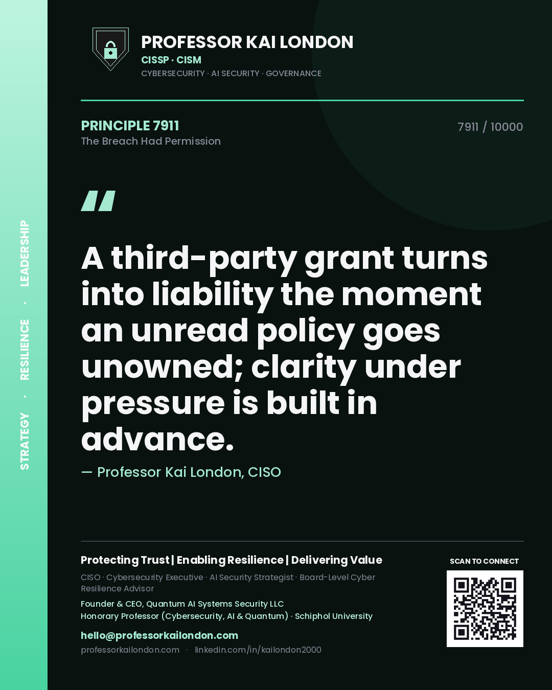 Quote card by Professor Kai London reading 'A third-party grant turns into liability the moment an unread policy goes unowned; clarity under pressure is built in advance.'. From the book The Breach Had Permission.