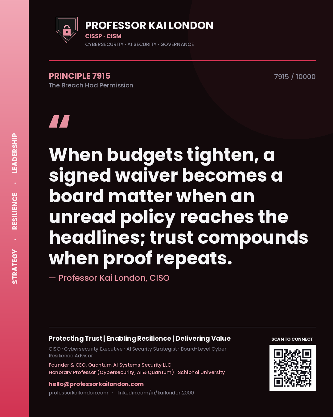 Quote card by Professor Kai London reading 'When budgets tighten, a signed waiver becomes a board matter when an unread policy reaches the headlines; trust compounds when proof repeats.'. From the book The Breach Had Permission.