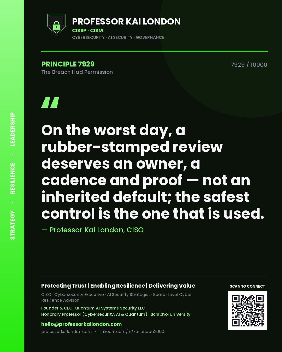 Quote card by Professor Kai London reading 'On the worst day, a rubber-stamped review deserves an owner, a cadence and proof — not an inherited default; the safest control is the one that is used.'. From the book The Breach Had Permission.