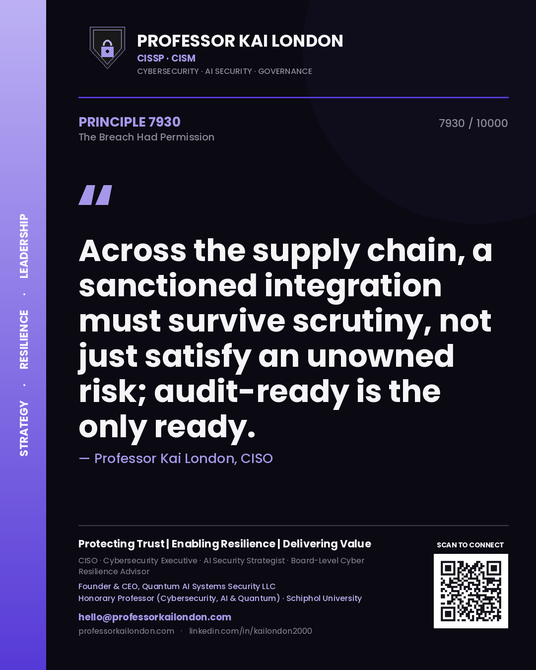 Quote card by Professor Kai London reading 'Across the supply chain, a sanctioned integration must survive scrutiny, not just satisfy an unowned risk; audit-ready is the only ready.'. From the book The Breach Had Permission.