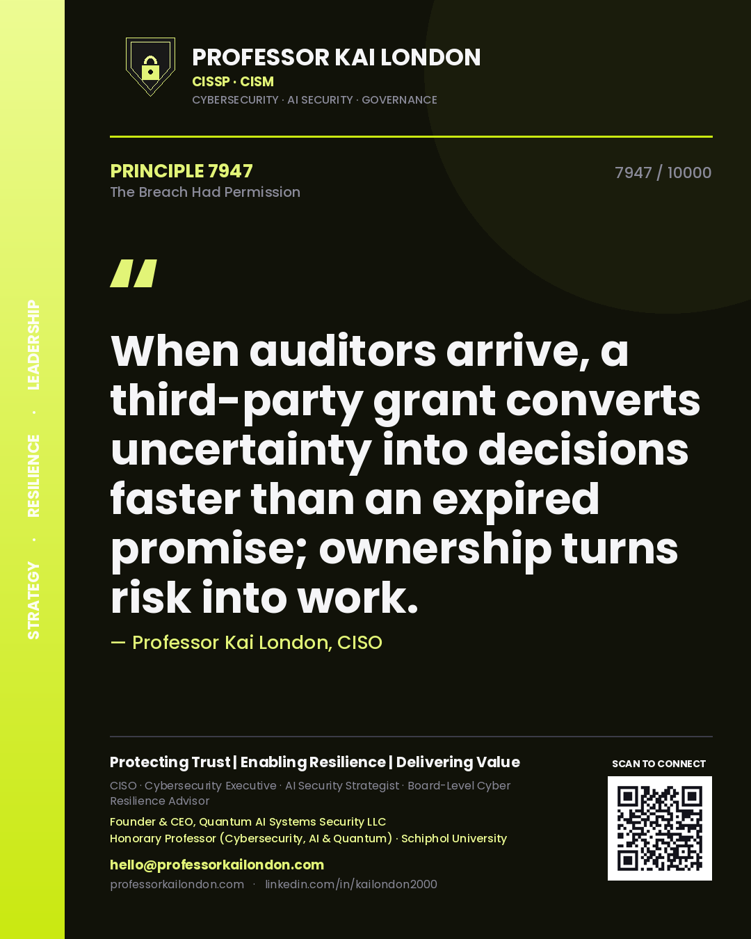 Quote card by Professor Kai London reading 'When auditors arrive, a third-party grant converts uncertainty into decisions faster than an expired promise; ownership turns risk into work.'. From the book The Breach Had Permission.