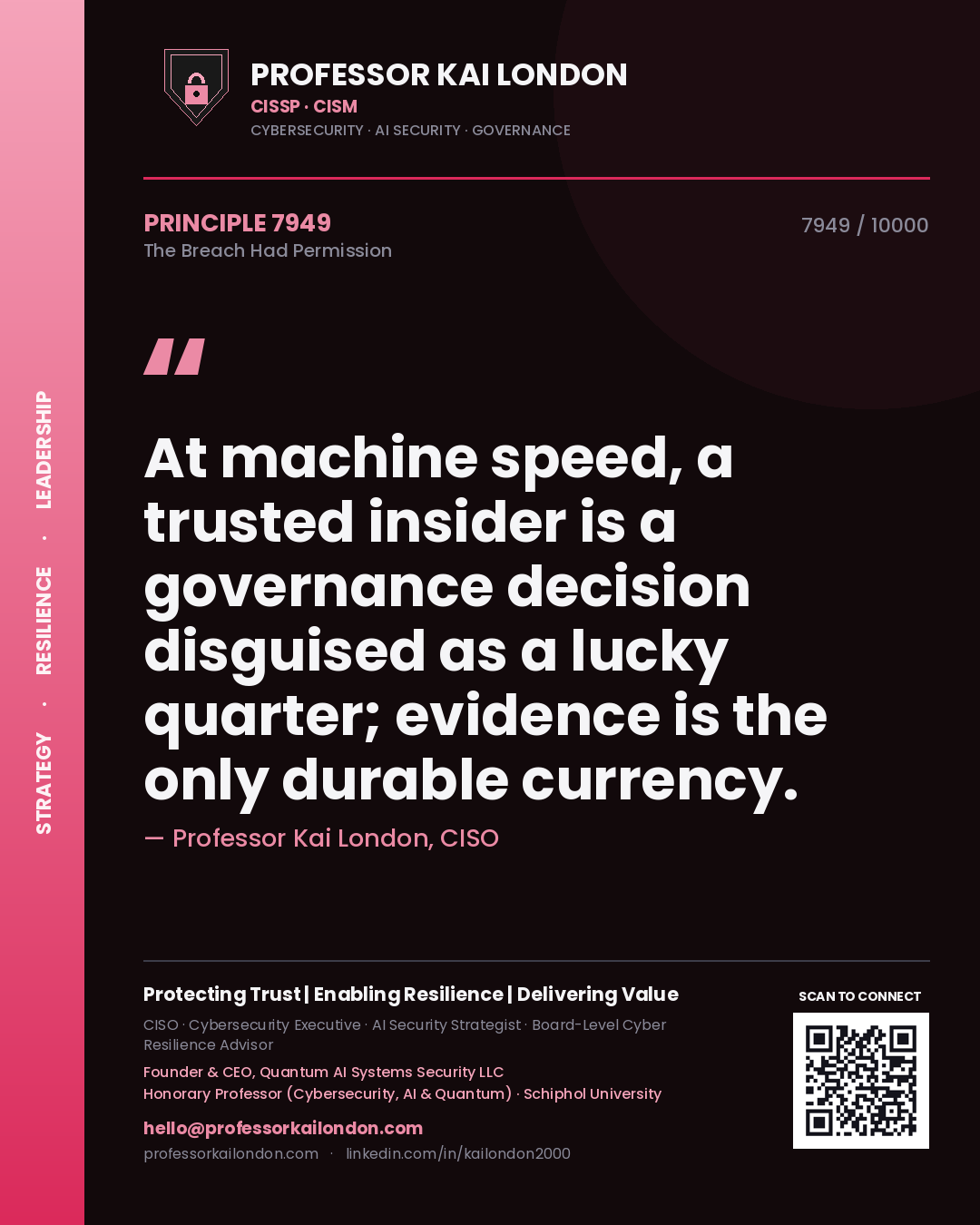 Quote card by Professor Kai London reading 'At machine speed, a trusted insider is a governance decision disguised as a lucky quarter; evidence is the only durable currency.'. From the book The Breach Had Permission.