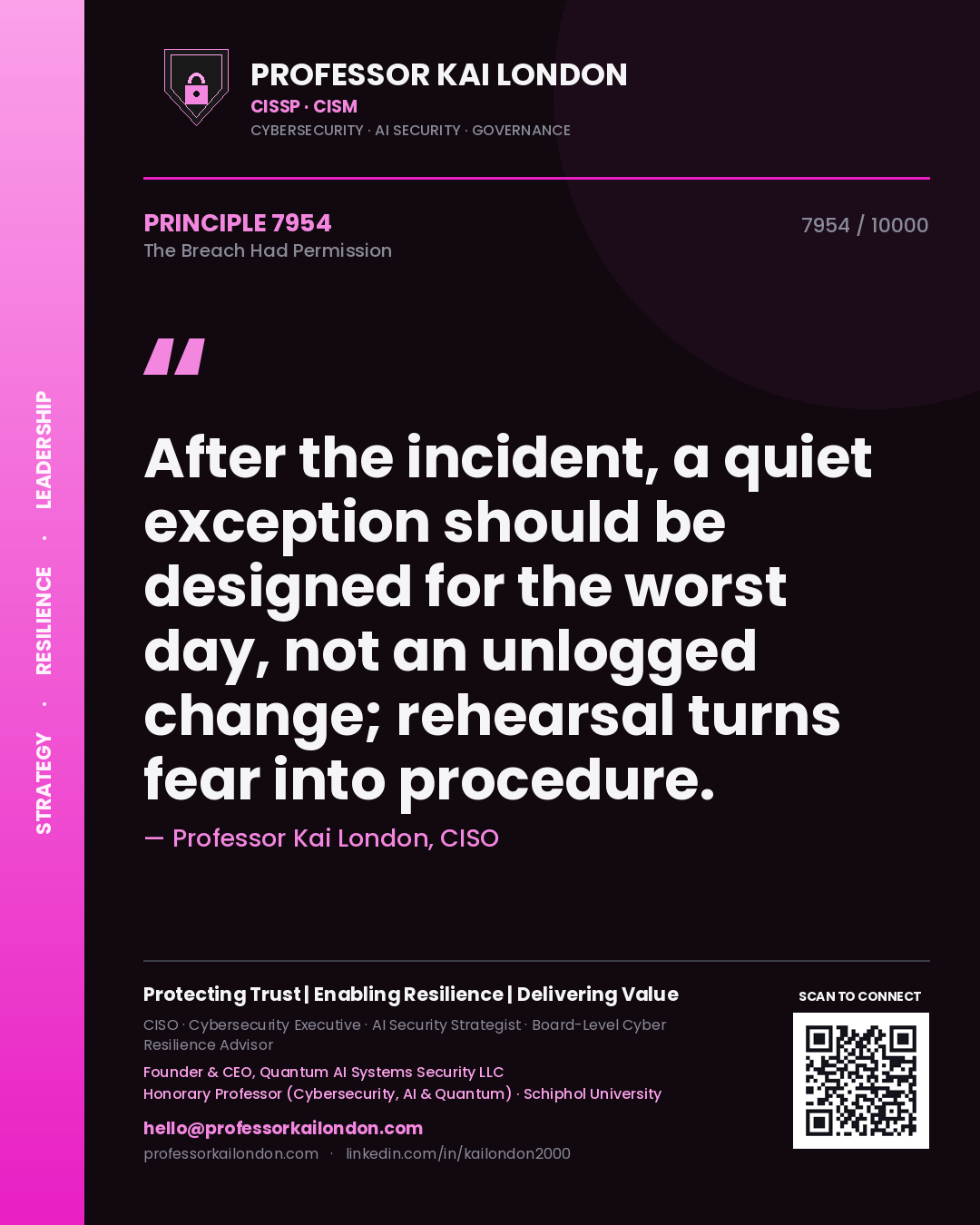 Quote card by Professor Kai London reading 'After the incident, a quiet exception should be designed for the worst day, not an unlogged change; rehearsal turns fear into procedure.'. From the book The Breach Had Permission.