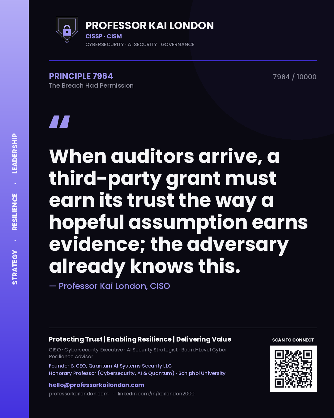 Quote card by Professor Kai London reading 'When auditors arrive, a third-party grant must earn its trust the way a hopeful assumption earns evidence; the adversary already knows this.'. From the book The Breach Had Permission.