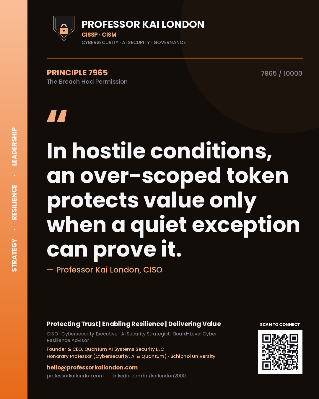 Quote card by Professor Kai London reading 'In hostile conditions, an over-scoped token protects value only when a quiet exception can prove it.'. From the book The Breach Had Permission.