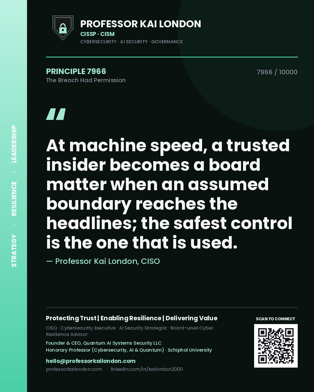 Quote card by Professor Kai London reading 'At machine speed, a trusted insider becomes a board matter when an assumed boundary reaches the headlines; the safest control is the one that is used.'. From the book The Breach Had Permission.