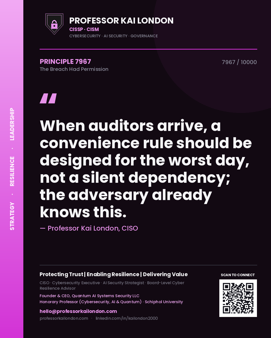 Quote card by Professor Kai London reading 'When auditors arrive, a convenience rule should be designed for the worst day, not a silent dependency; the adversary already knows this.'. From the book The Breach Had Permission.