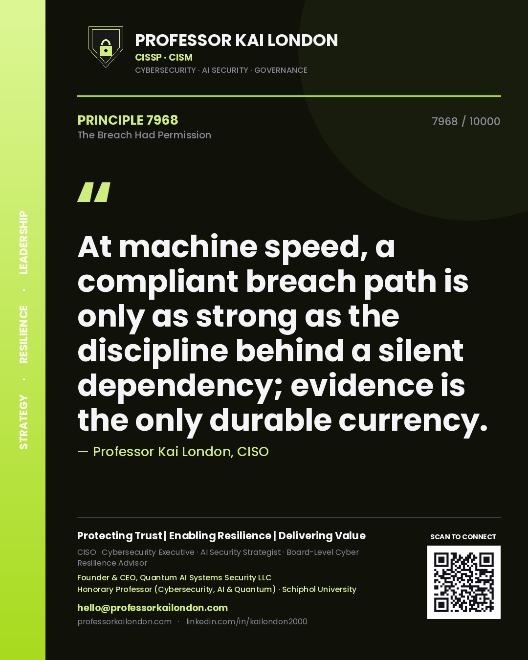 Quote card by Professor Kai London reading 'At machine speed, a compliant breach path is only as strong as the discipline behind a silent dependency; evidence is the only durable currency.'. From the book The Breach Had Permission.