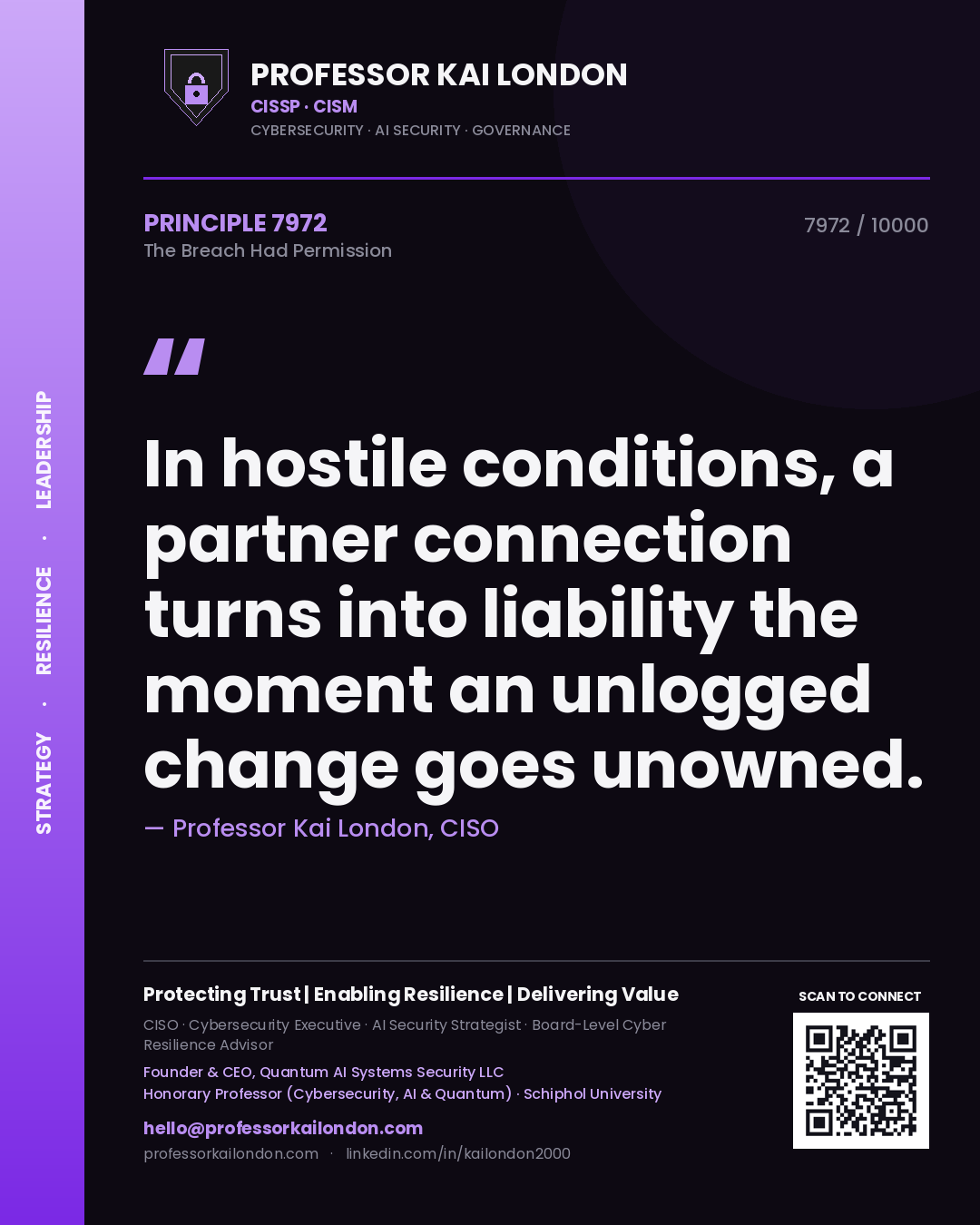 Quote card by Professor Kai London reading 'In hostile conditions, a partner connection turns into liability the moment an unlogged change goes unowned.'. From the book The Breach Had Permission.