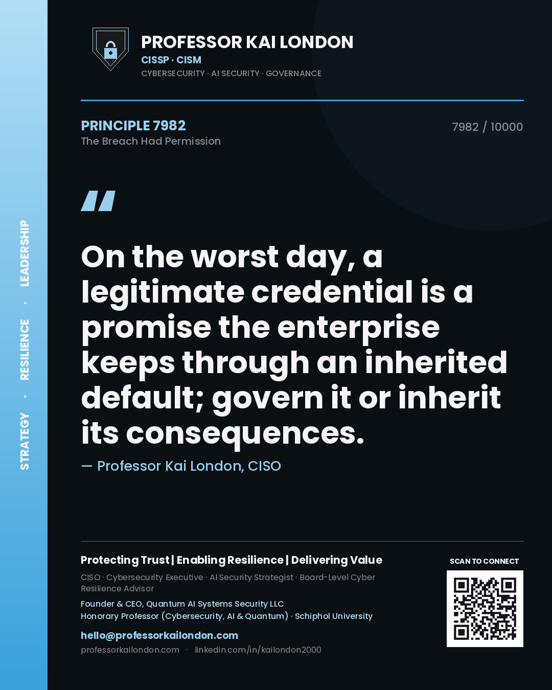 Quote card by Professor Kai London reading 'On the worst day, a legitimate credential is a promise the enterprise keeps through an inherited default; govern it or inherit its consequences.'. From the book The Breach Had Permission.
