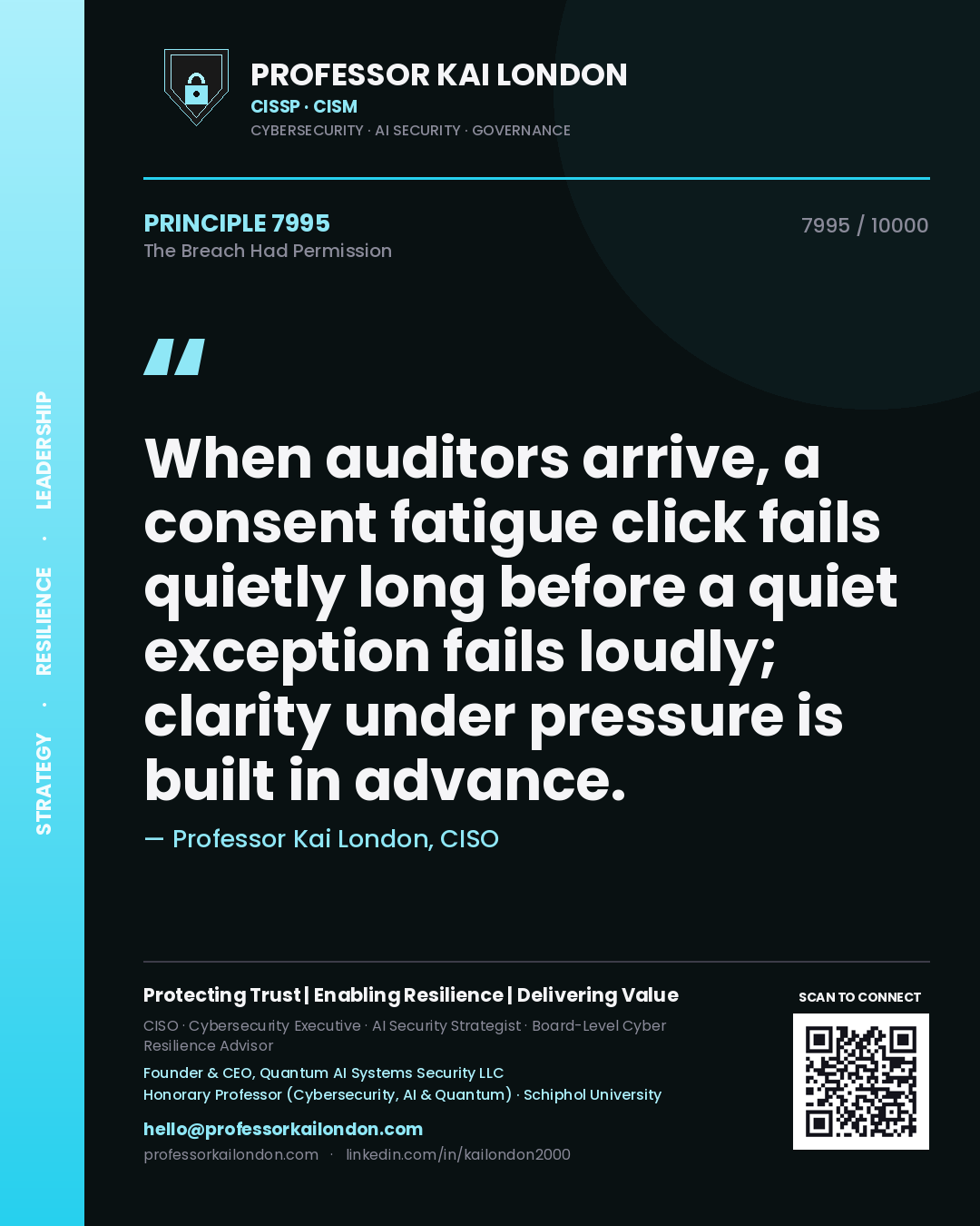 Quote card by Professor Kai London reading 'When auditors arrive, a consent fatigue click fails quietly long before a quiet exception fails loudly; clarity under pressure is built in advance.'. From the book The Breach Had Permission.