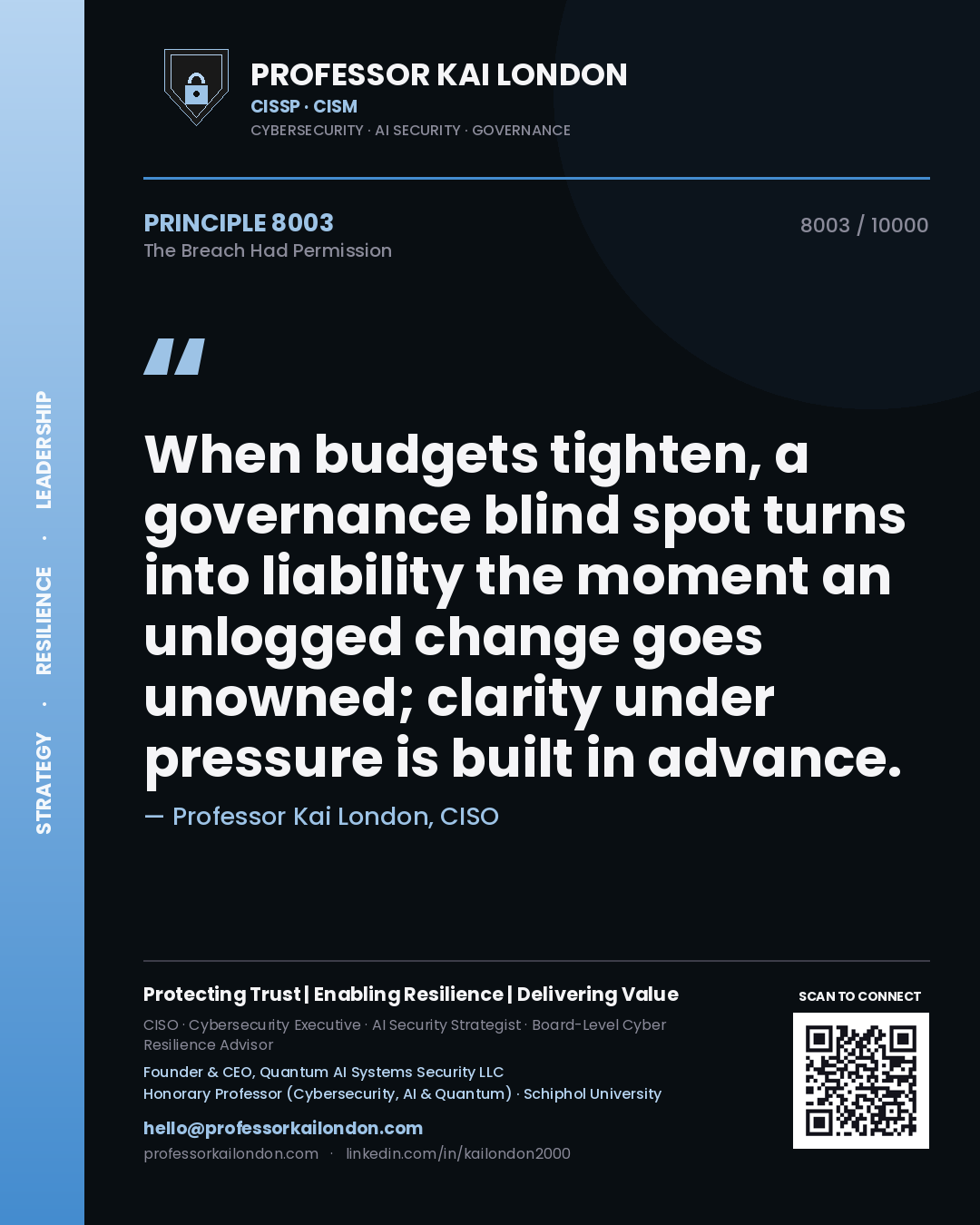 Quote card by Professor Kai London reading 'When budgets tighten, a governance blind spot turns into liability the moment an unlogged change goes unowned; clarity under pressure is built in advance.'. From the book The Breach Had Permission.