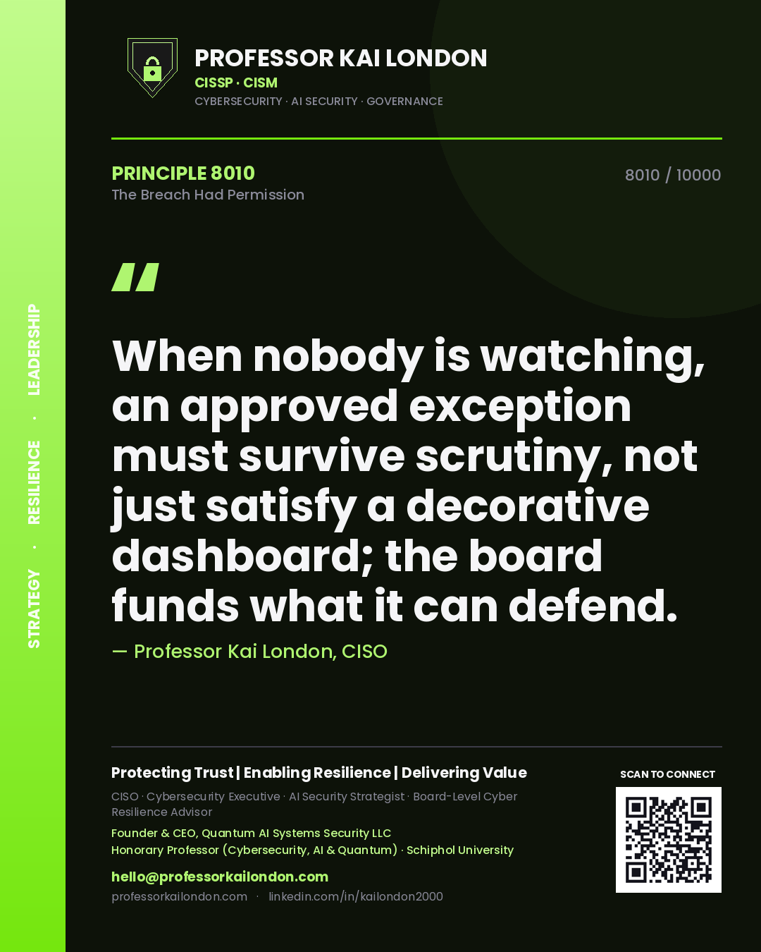 Professor Kai London principle 8010: When nobody is watching, an approved exception must survive scrutiny, not just satisfy a decorative dashboard; the board funds what it can defend.