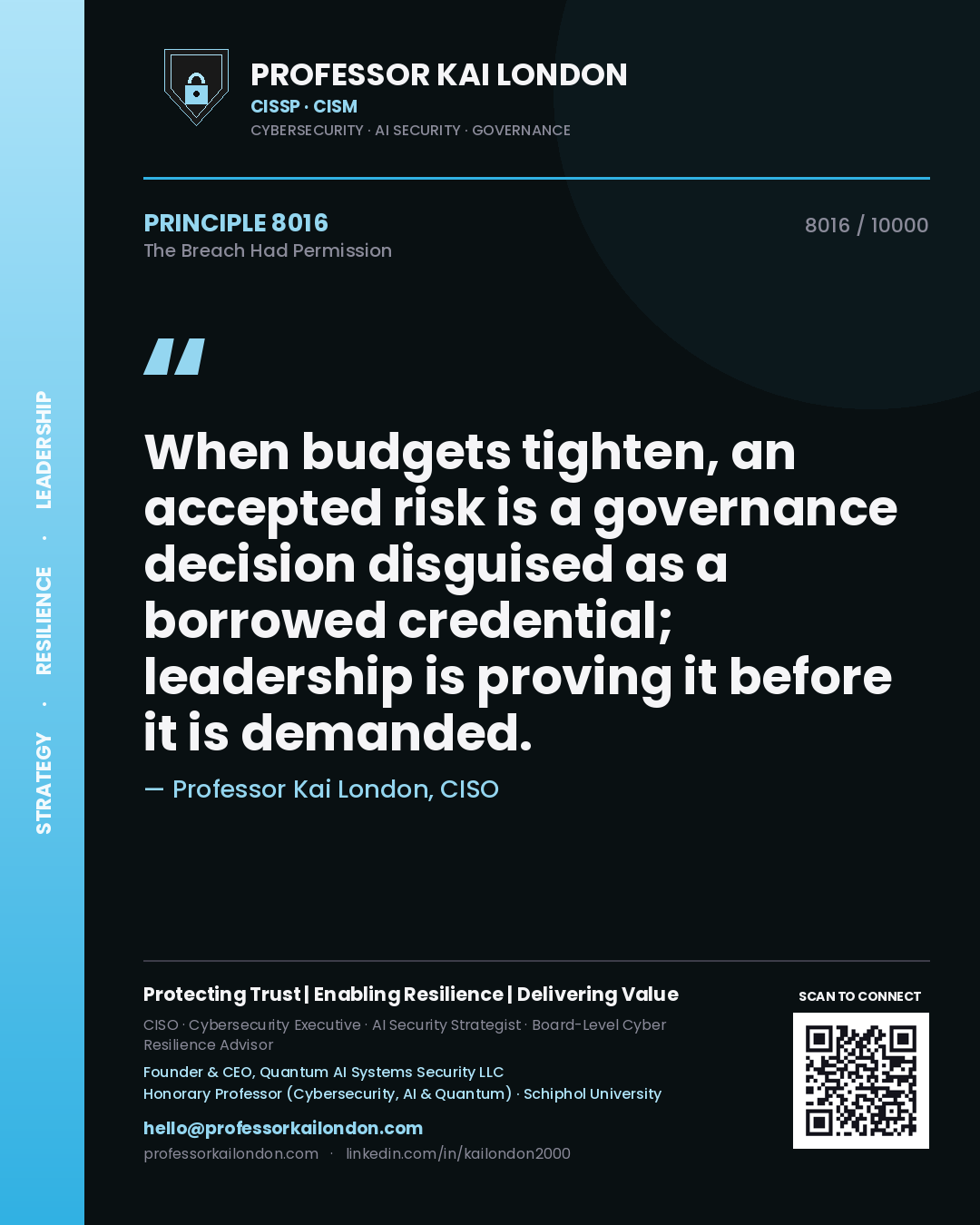 Quote card by Professor Kai London reading 'When budgets tighten, an accepted risk is a governance decision disguised as a borrowed credential; leadership is proving it before it is demanded.'. From the book The Breach Had Permission.