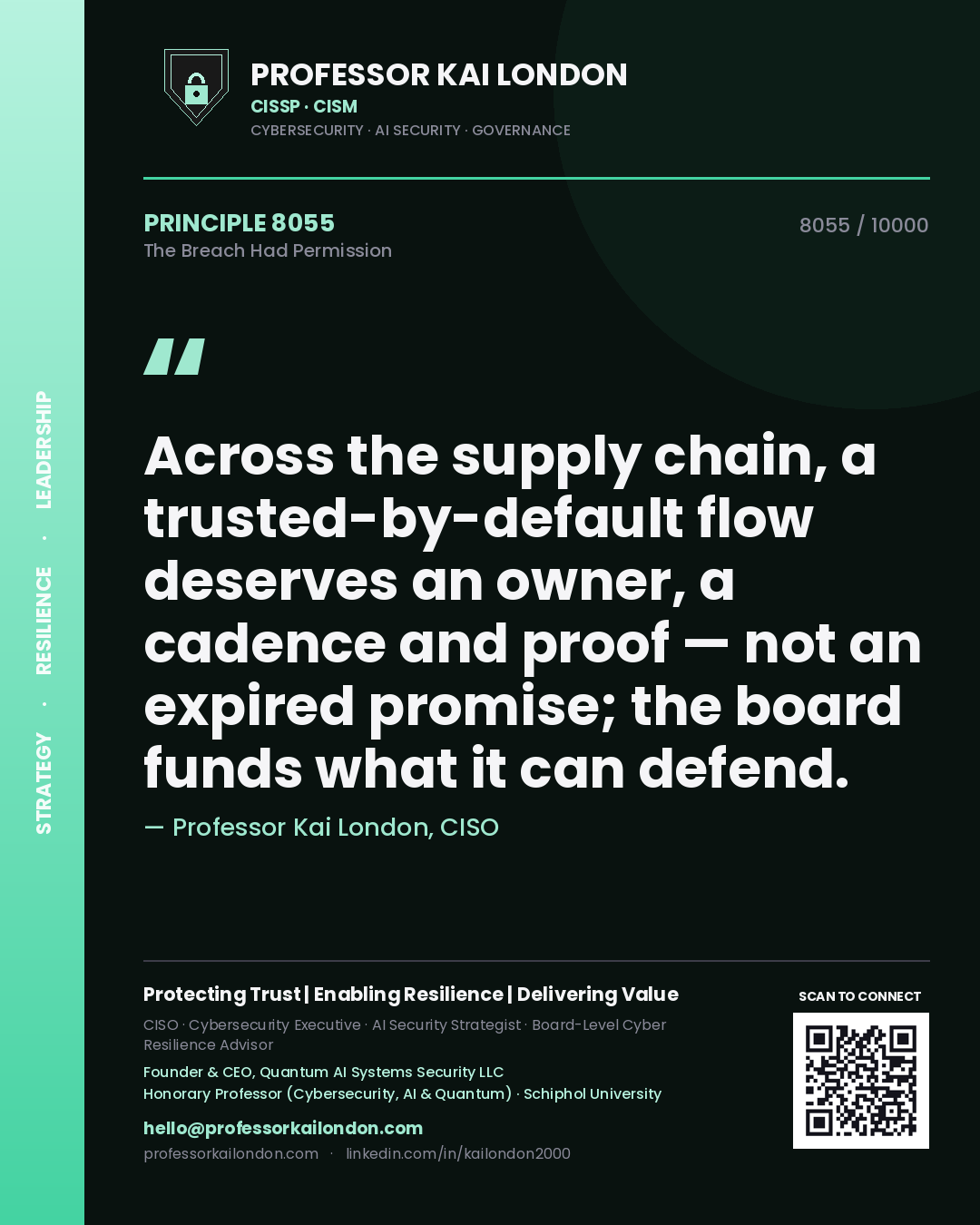 Quote card by Professor Kai London reading 'Across the supply chain, a trusted-by-default flow deserves an owner, a cadence and proof — not an expired promise; the board funds what it can defend.'. From the book The Breach Had Permission.
