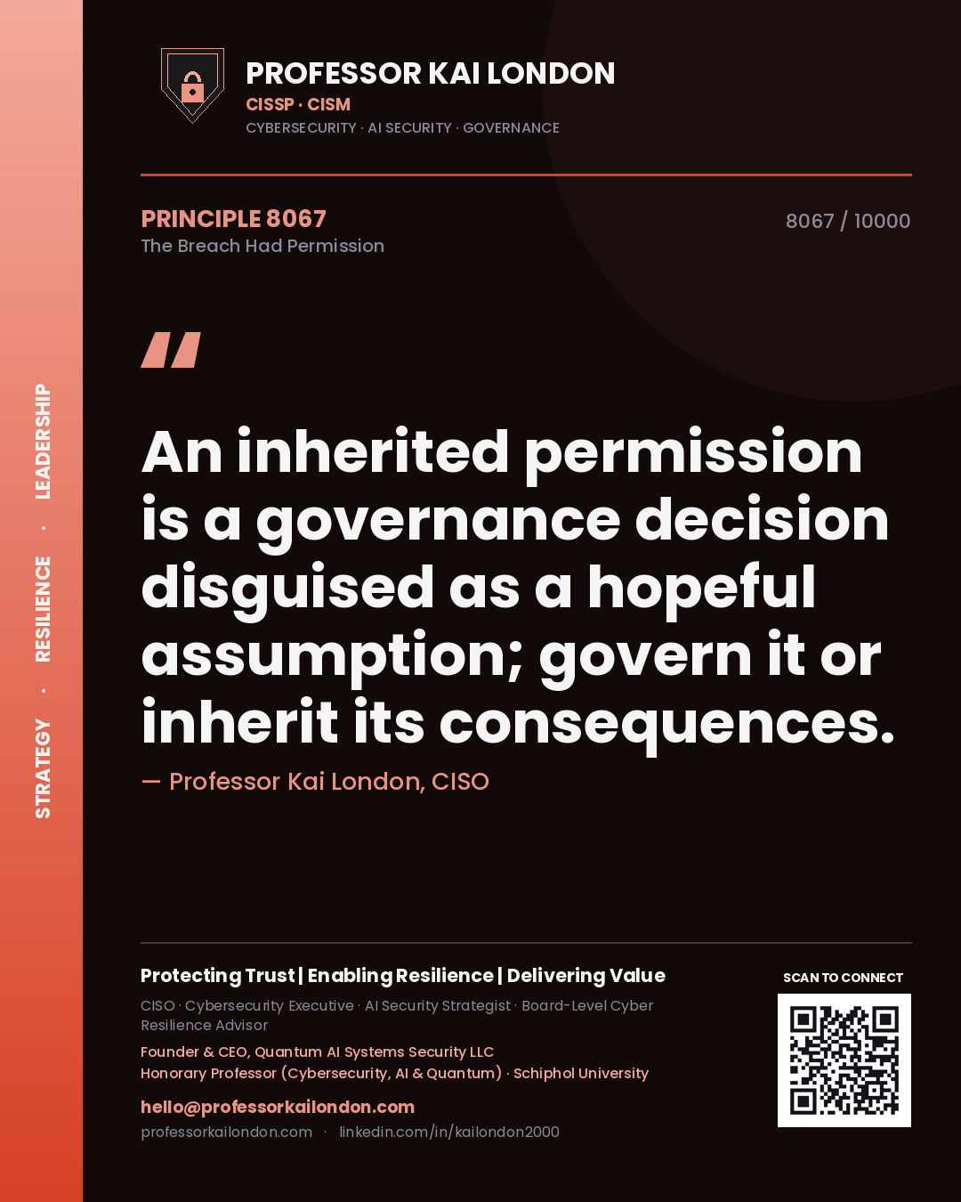 Quote card by Professor Kai London reading 'An inherited permission is a governance decision disguised as a hopeful assumption; govern it or inherit its consequences.'. From the book The Breach Had Permission.