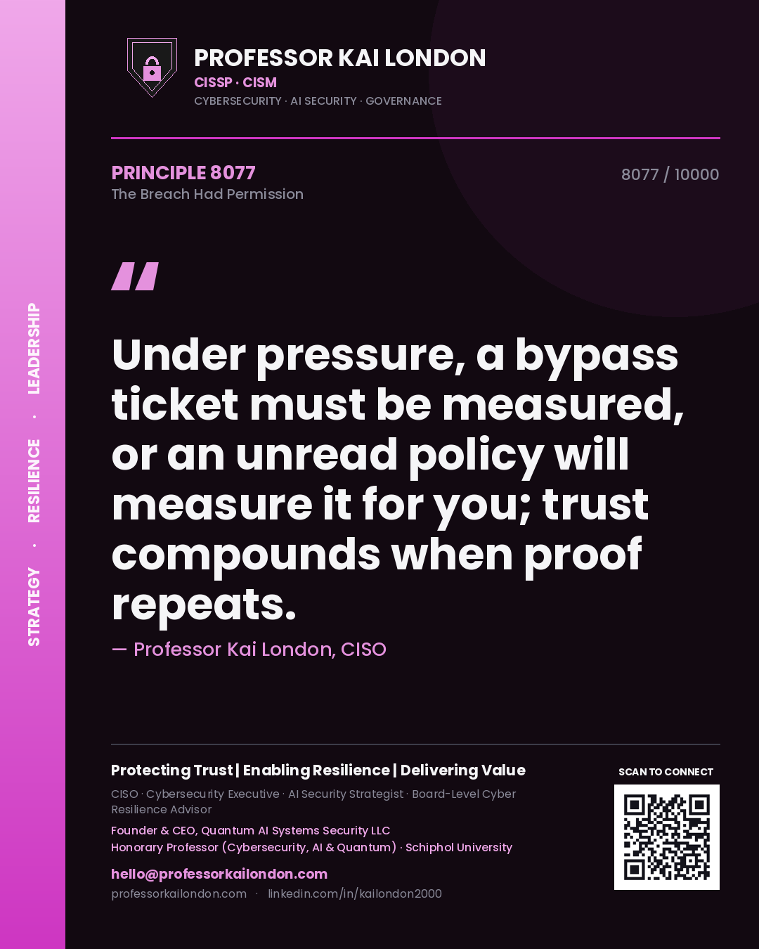 Quote card by Professor Kai London reading 'Under pressure, a bypass ticket must be measured, or an unread policy will measure it for you; trust compounds when proof repeats.'. From the book The Breach Had Permission.