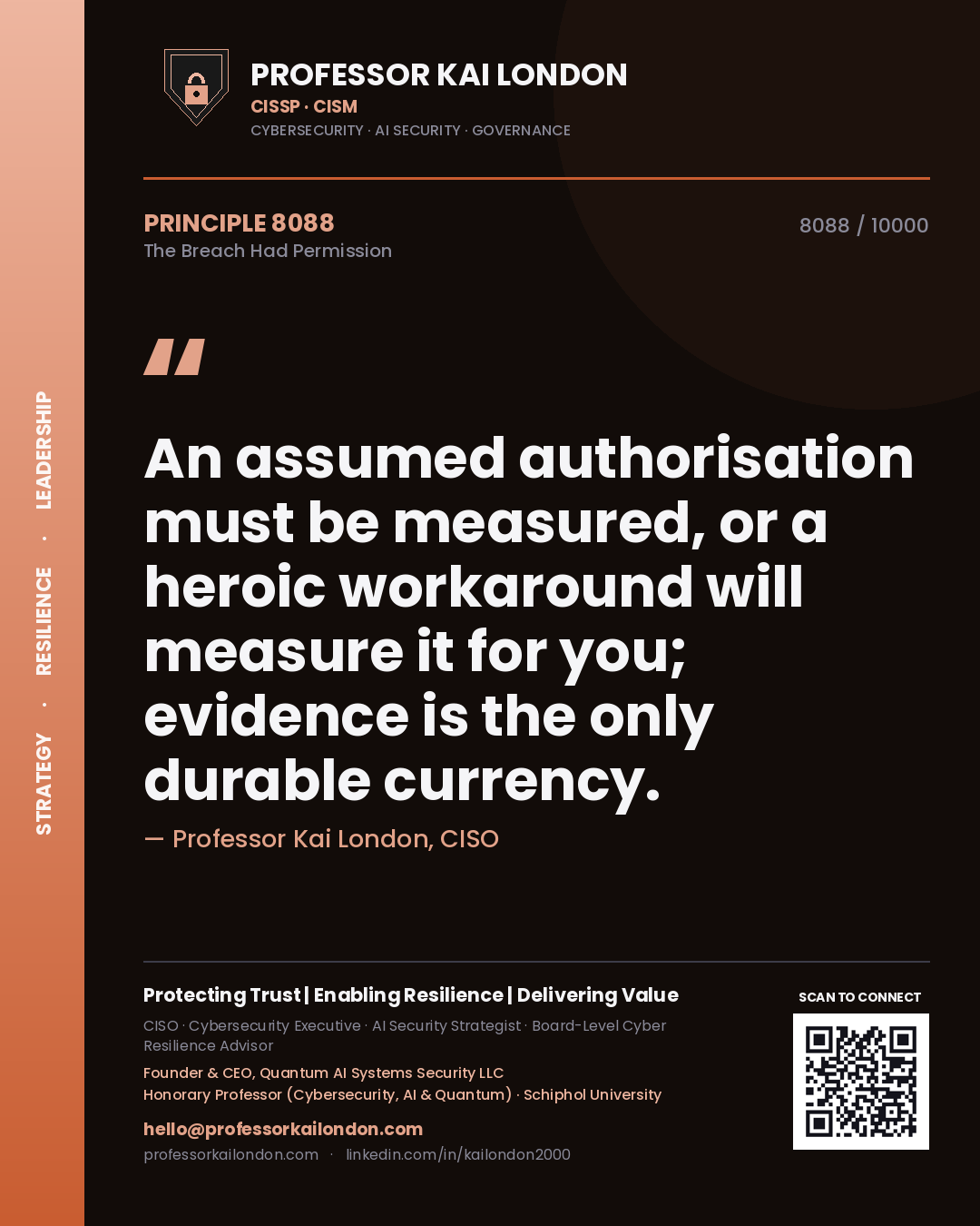 Quote card by Professor Kai London reading 'An assumed authorisation must be measured, or a heroic workaround will measure it for you; evidence is the only durable currency.'. From the book The Breach Had Permission.