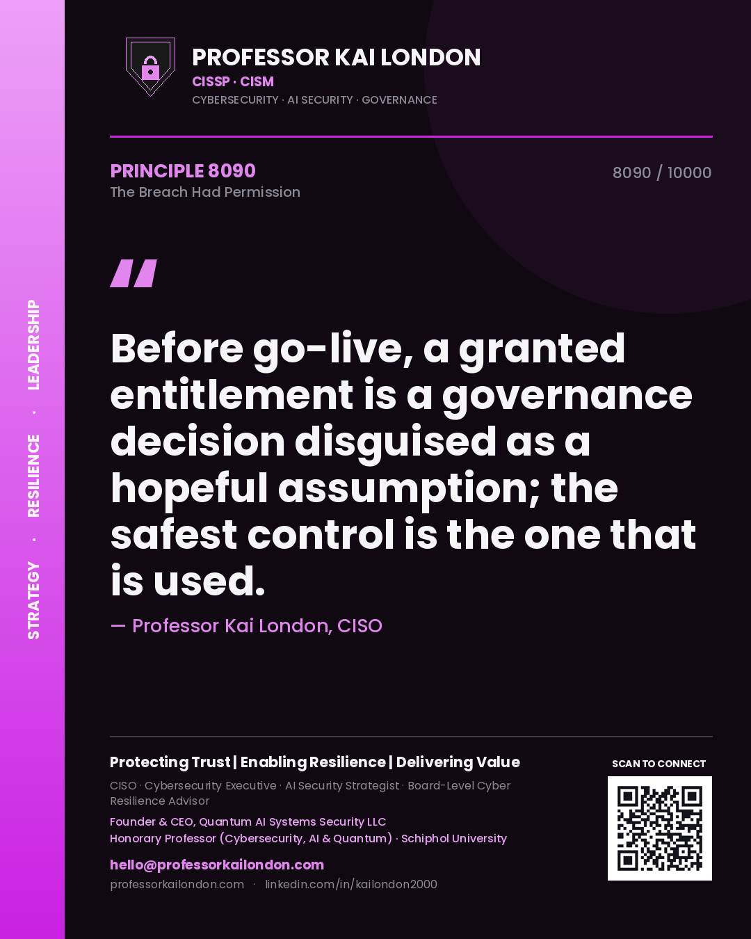 Quote card by Professor Kai London reading 'Before go-live, a granted entitlement is a governance decision disguised as a hopeful assumption; the safest control is the one that is used.'. From the book The Breach Had Permission.