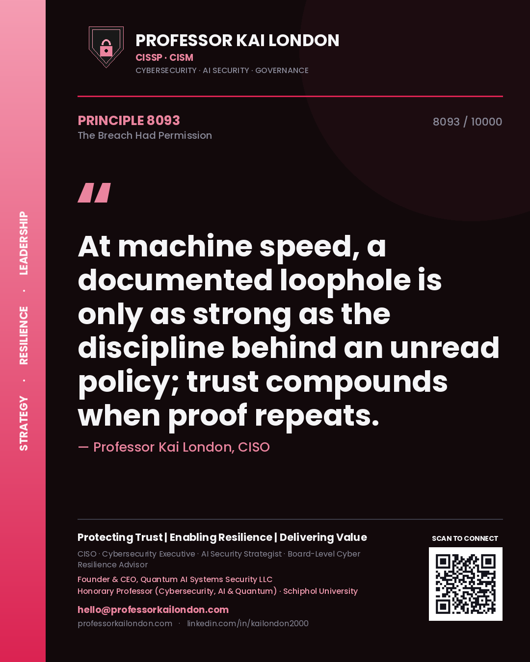 Quote card by Professor Kai London reading 'At machine speed, a documented loophole is only as strong as the discipline behind an unread policy; trust compounds when proof repeats.'. From the book The Breach Had Permission.