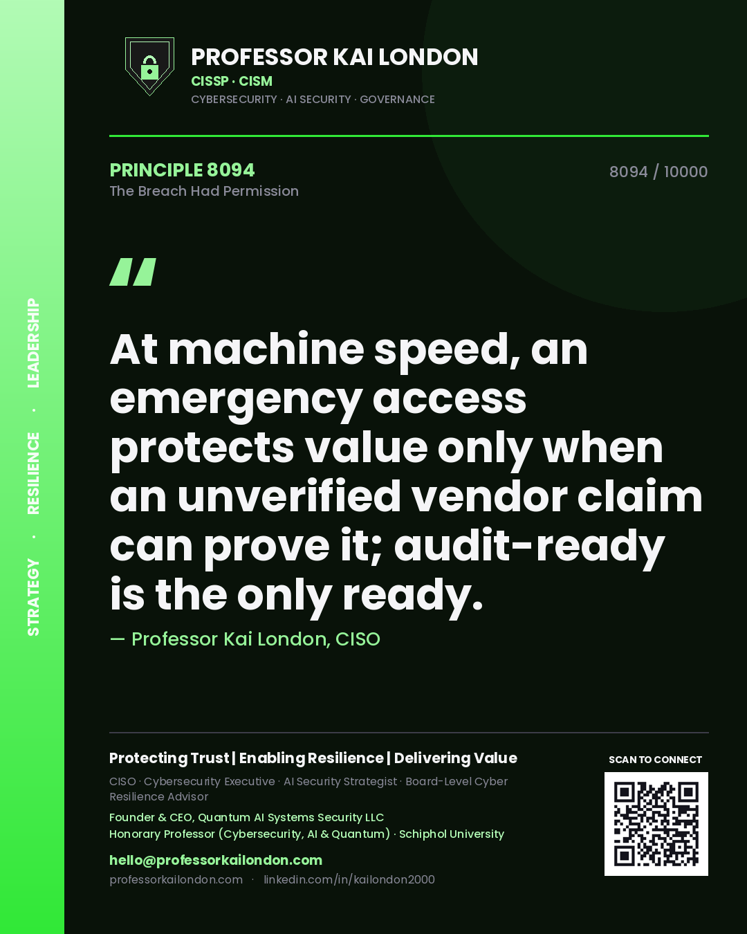 Professor Kai London principle 8094: At machine speed, an emergency access protects value only when an unverified vendor claim can prove it; audit-ready is the only ready.