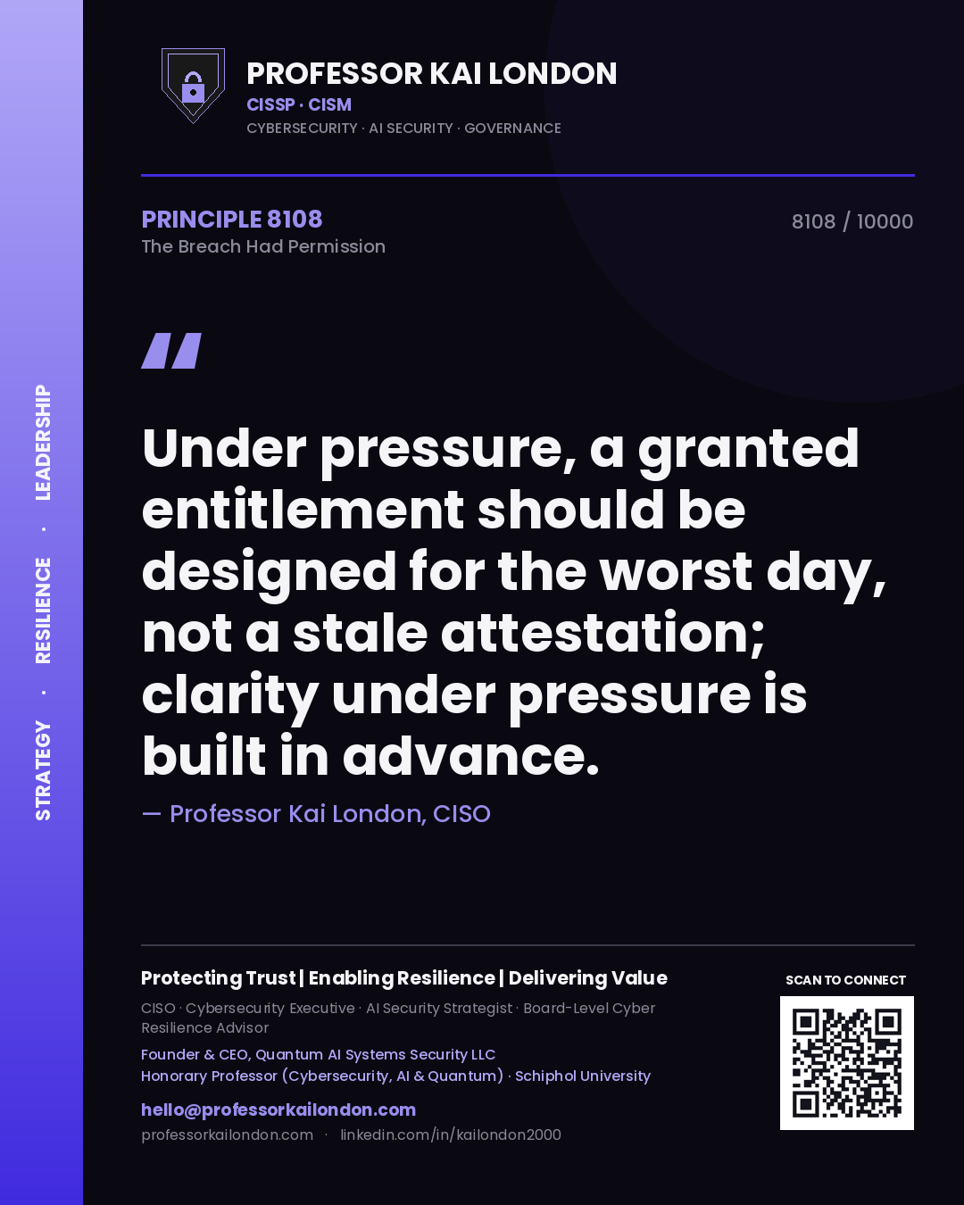Quote card by Professor Kai London reading 'Under pressure, a granted entitlement should be designed for the worst day, not a stale attestation; clarity under pressure is built in advance.'. From the book The Breach Had Permission.