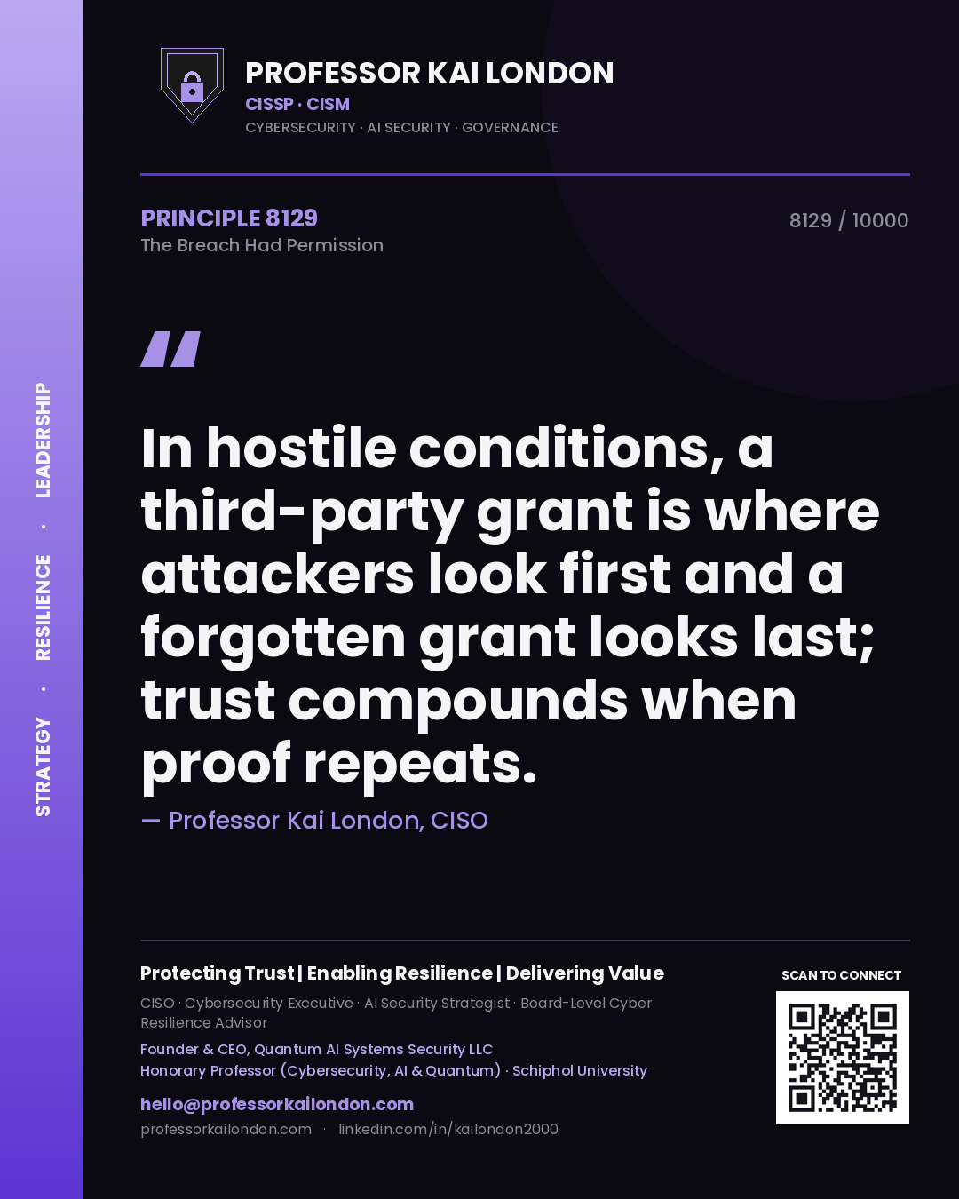 Quote card by Professor Kai London reading 'In hostile conditions, a third-party grant is where attackers look first and a forgotten grant looks last; trust compounds when proof repeats.'. From the book The Breach Had Permission.